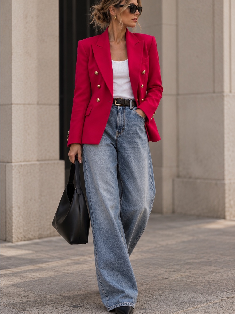 ZARA Raspberry Fuchsia Double Breasted Gold Button Tailored Blazer Size S
